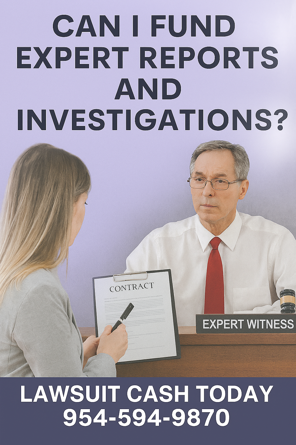 Woman Consulting An Expert Witness At A Table; Attorney Taking Notes Nearby; Bright Light Purple Gradient Background With Subtle Flare And Courthouse Silhouette; Bold Headline Reads “Expert Funding For Your Case”; Footer Shows “Lawsuit Cash Today — 954-594-9870.”