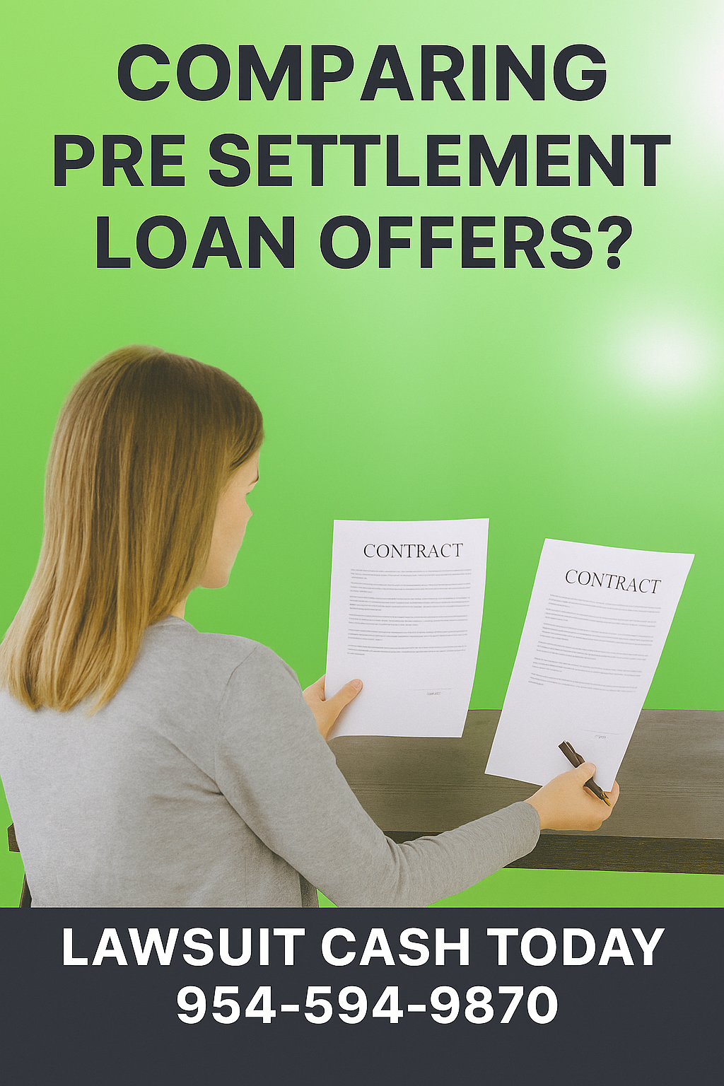 Woman Consulting With Her Attorney At A Table; Bright Light Purple Gradient Background With Subtle Flare And Courthouse Silhouette; Headline Reads “What Questions Should I Ask My Attorney Before Signing A Funding Agreement?”; Footer Shows “Lawsuit Cash Today — 954-594-9870.”