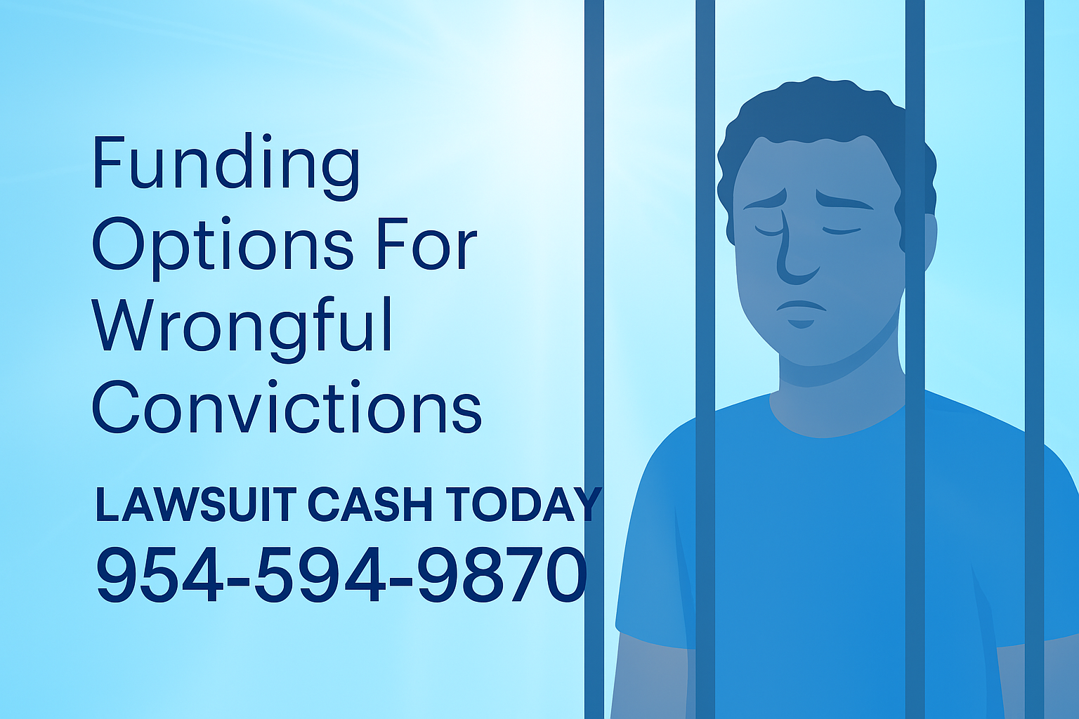Illustration Of A Somber Wrongfully Convicted Man Behind Bars; Light Blue Gradient Background With Sunburst Flare; Bold Text Reads “Funding Options For Wrongful Convictions”; Footer Shows “LAWSUIT CASH TODAY — 954-594-9870.”