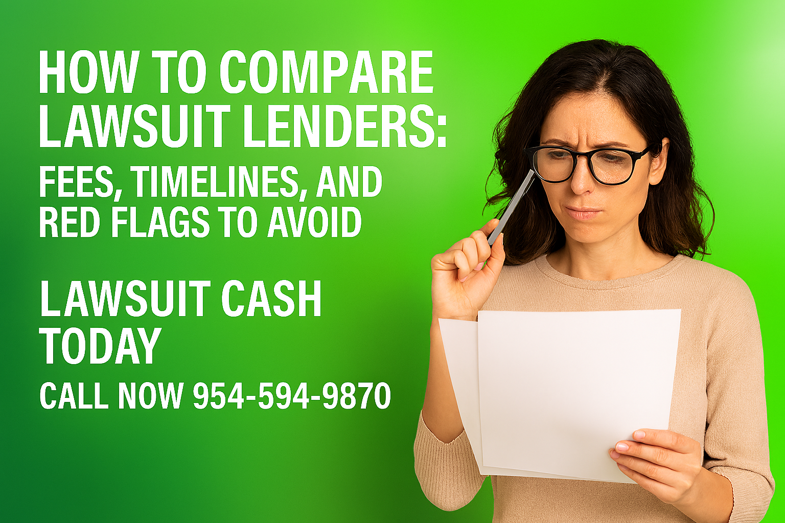 Woman Wearing Glasses And Holding Two Paper Offers While Comparing Them; Green Gradient Background With Light Flare; Text Overlay Reads “How To Compare Lawsuit Lenders: Fees, Timelines, And Red Flags To Avoid”; Footer Shows “Lawsuit Cash Today — Call Now 954-594-9870