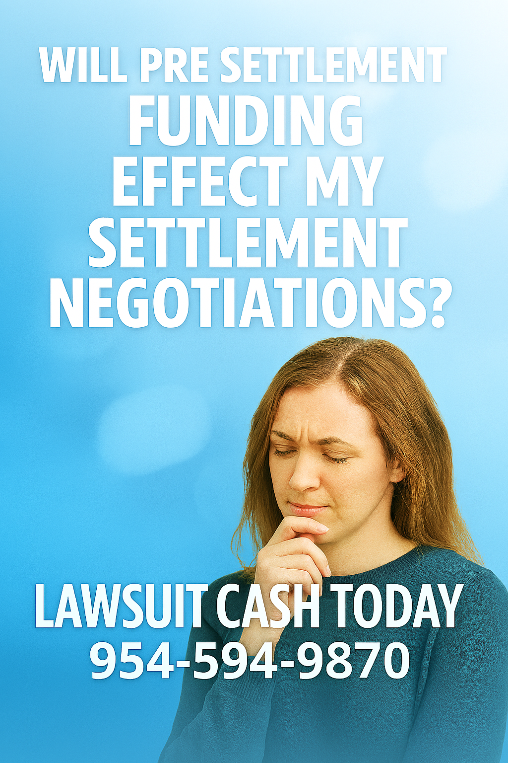 Woman In Dark Teal Sweater Thinking With Hand On Chin; Soft Bright Blue Gradient Background With Light Flare And Bokeh; White Text Overlay Reads “WILL PRE SETTLEMENT FUNDING EFFECT MY SETTLEMENT NEGOTIATIONS?”; Footer Shows “LAWSUIT CASH TODAY — 954-594-9870.”