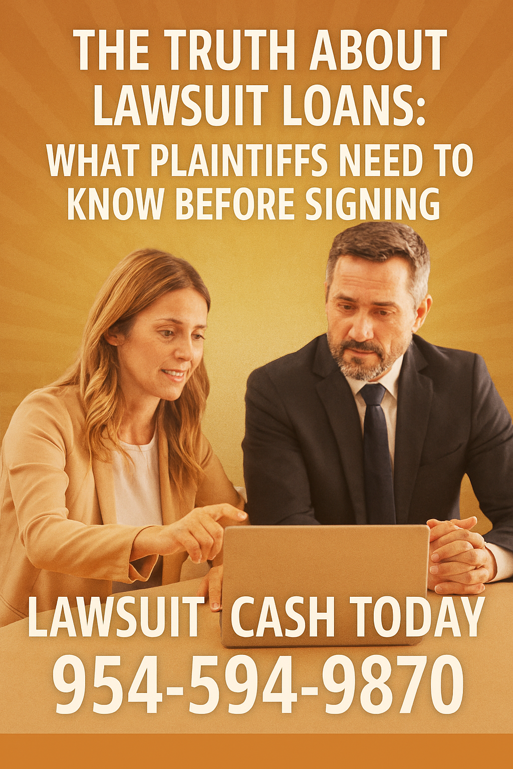 Woman and her attorney reviewing documents on a laptop at a table; warm light brown radial gradient background with lens flare; overlaid text reads “THE TRUTH ABOUT LAWSUIT LOANS: WHAT PLAINTIFFS NEED TO KNOW BEFORE SIGNING”; footer shows “LAWSUIT CASH TODAY — 954-594-9870.”
